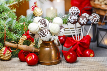 Chocolate cake pops in christmas setting