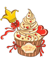 Cupcake with crown and hearts