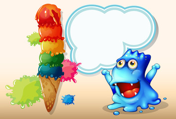 A happy blue monster beside the huge icecream