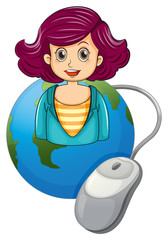 A smiling woman above the earth with a computer mouse