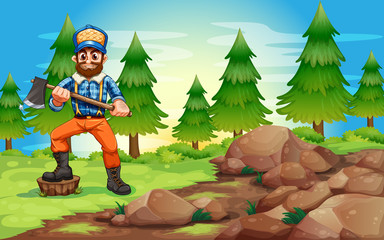 A woodman holding an axe near the rocky area
