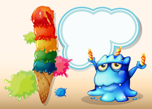 A monster with three candles standing near the giant icecream