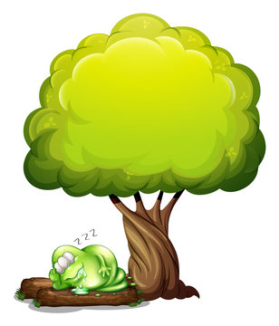A green three-eyed monster sleeping soundly under the tree