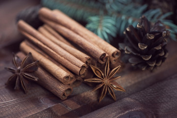 Cinnamon sticks, star anise, fir-tree branches and cones