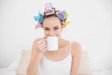 Delighted natural brown haired woman in hair curlers enjoying co