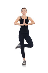 Fototapeta premium Young woman doing exercises on white