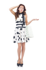 Naklejka premium Girl after good shopping on white