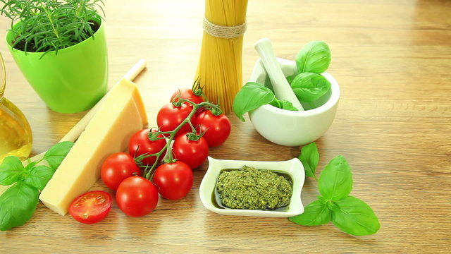 Fresh mediterranean food ingredients in kitchen
