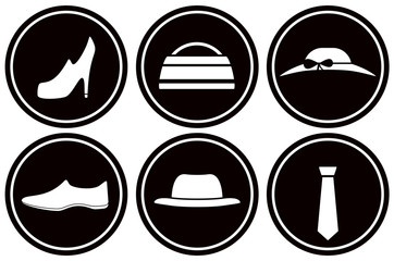 set black round icons with male and female clothes