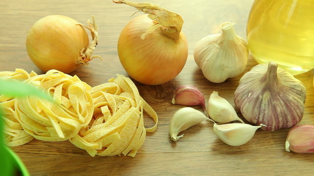Mediterranean food ingredients on wooden table