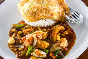 Thai spicy food basil chicken fried rice recipe