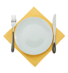 plate, knife and fork  on white