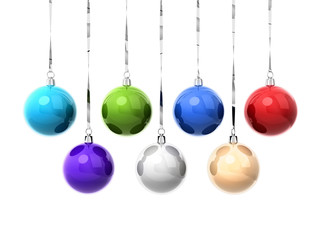 Set of colorful Christmas balls hanging on ribbons isolated