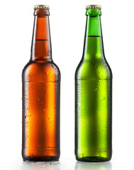 Bottles of beer with water drops on white background