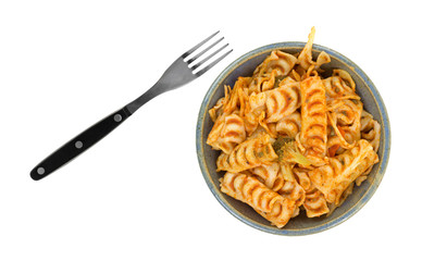 Meatless chop suey in a bowl with a fork