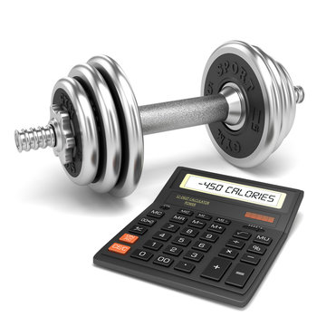 Chrome dumbbell and calculator calories