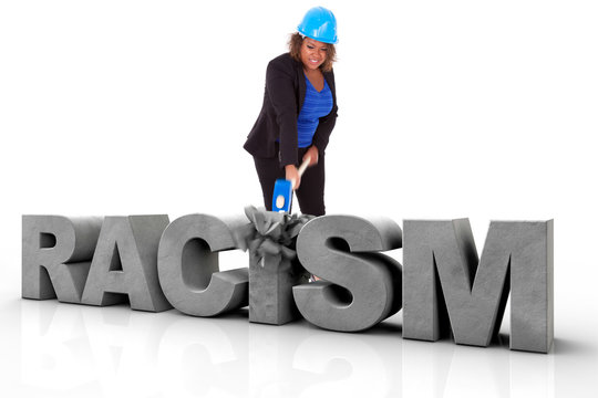 African American woman wearing a protection helmet braking a 3d