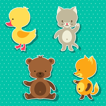 Little cute baby cat, bear, fox and duck stickers.