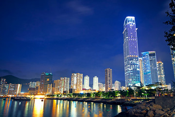 Hong Kong at night and modern buildings
