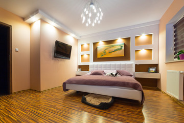 Modern master bedroom interior with dog lying on bed
