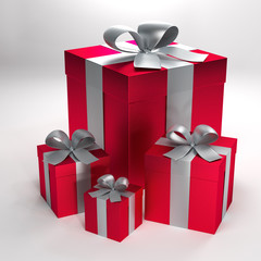 four red gift boxes with silver ribbons and bows with path