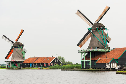 Traditional Dutch windmills with canal close the Amsterdam, Holl