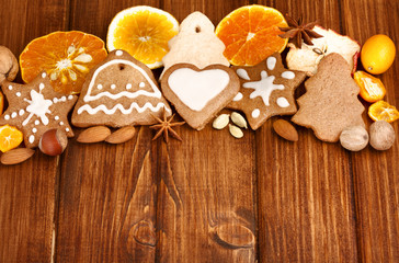 Christmas homemade gingerbread cookies,spice and decoration over