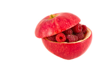 apple and raspberry isolated on white