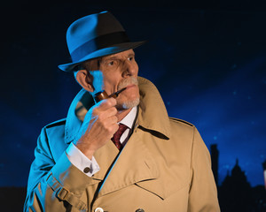 Retro detective man smoking pipe walking in city street at night