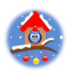 Winter bird on your little house with christmas balls