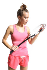 Fototapeta piękna wysportowana kobieta z rakieta do squasha obraz