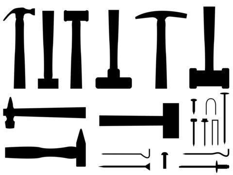 Hammers and nails set illustrated on white