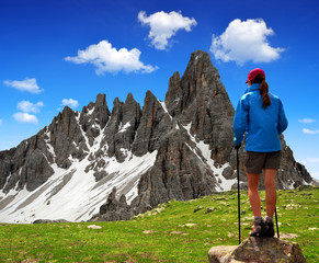 Girl looking at the Paternkofel , Dolomite Alps, Italy