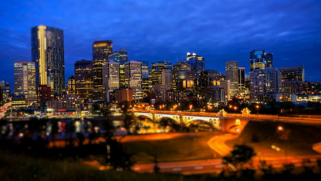 Night shot of downtown Calgary, time lapse