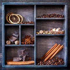 Spices and coffee set in a vintage wooden box