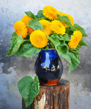 Decorative sunflowers are in a ceramic milk jug