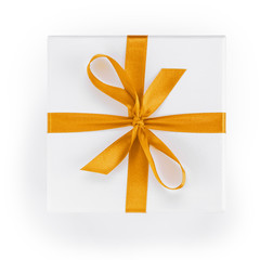 white textured gift box with orange ribbon percent symbol