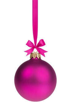 single simple purple christmas ball hanging on ribbon