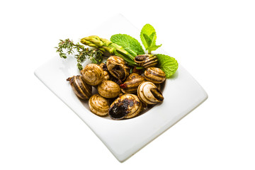 Escargot with asparagus, rosemary, thymus and tomato
