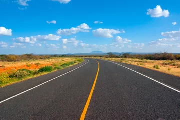 Foto op Plexiglas Afbeelding van een asfaltweg in de Afrikaanse savanne © Belikova Oksana