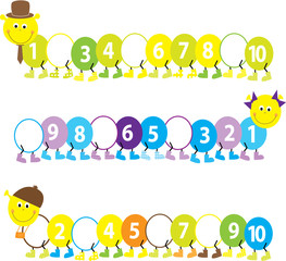 Smiling catepillars with missing numbers 1-10