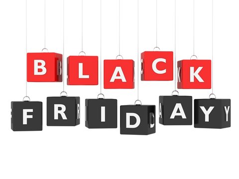 Black friday - red and black cubes hanging on white background