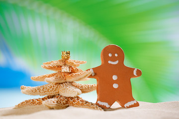 gingerbread man and starfish christmas tree on beach with seasca