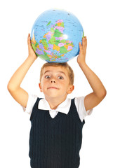 Surprised boy with world globe