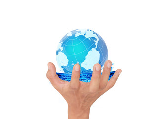 Hand holding earth in water splash