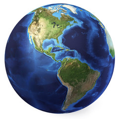 Earth globe, realistic 3 D rendering. Americas view. (Source map