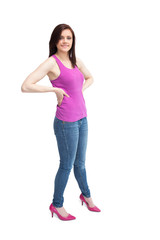 Fototapeta premium Happy stylish brunette wearing high shoes posing