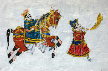 Traditional colourful medieval wall painting in Udaipur,India - 57331093