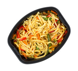 Microwaved TV dinner of noodles and vegetables