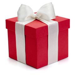 Red gift box with white ribbon and bow.